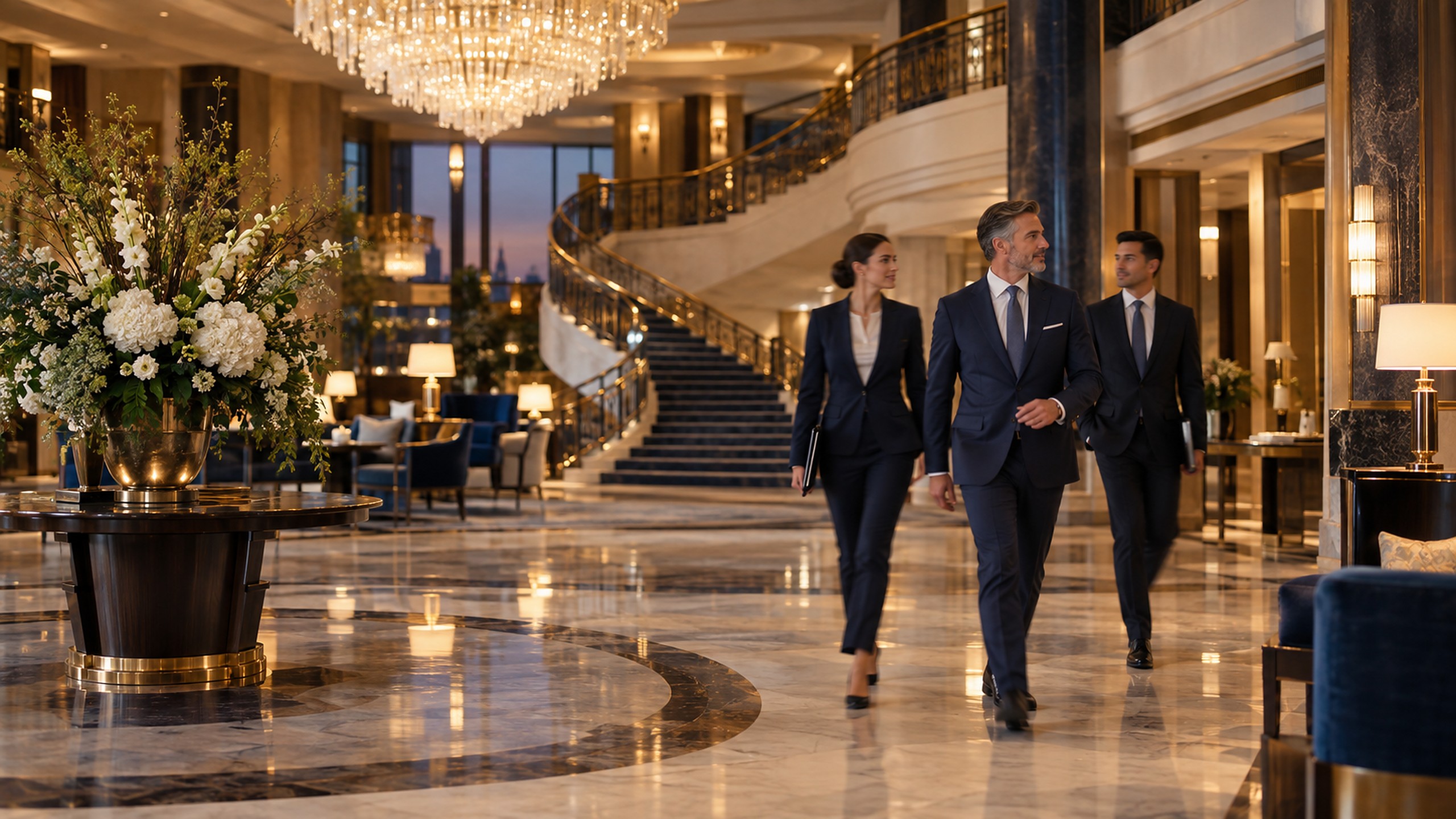 Hospitality executives walking through an elegant luxury hotel lobby with a crystal chandelier and grand staircase