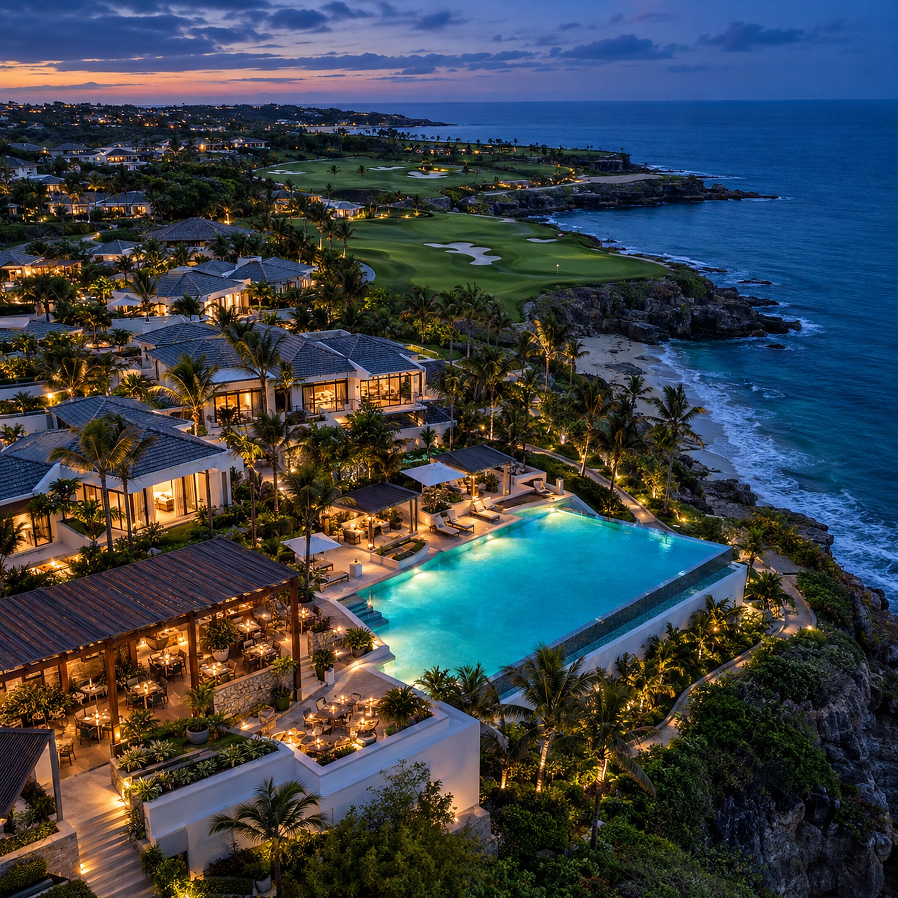Aerial view of a luxury oceanfront resort at dusk with an infinity pool, villas, open-air dining terrace and golf course